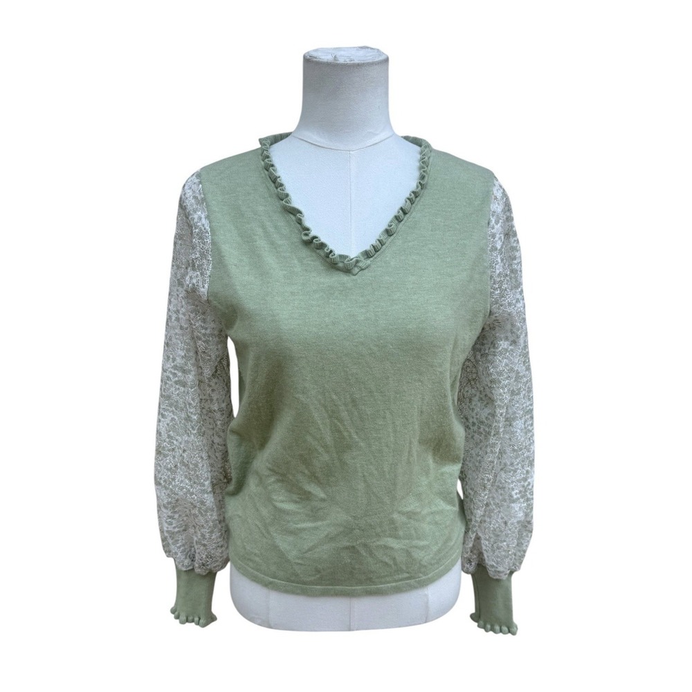 Siani Milano Sweater Sage Green Lace Sleeve Ruffle V-Neck Boho Cottagecore Small